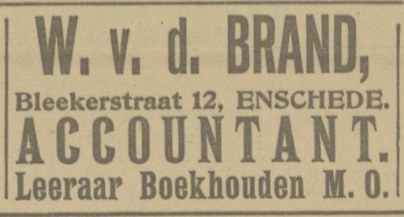 Blekerstraat 12 W. van de Brand leeraar Boekhouden M.O. advertentie Tubantia 24-6-1921.jpg