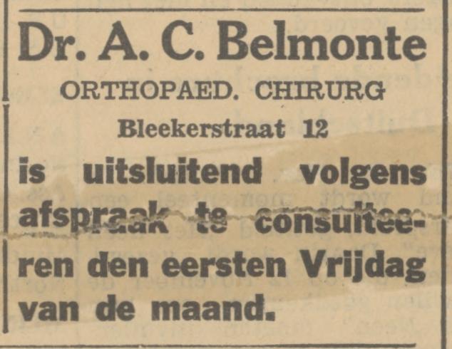 Blekerstraat 12 Dr. A.C. Belmonte advertentie Tubantia 2-11-1933.jpg