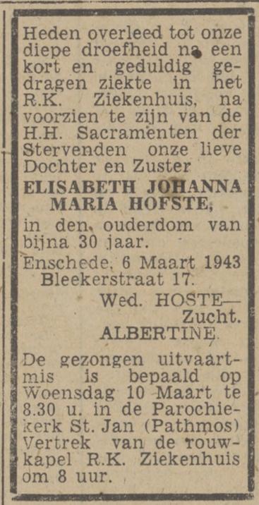 Blekerstraat 17 overlijdensadvertentie Twentsch nieuwsblad 8-3-1943.jpg