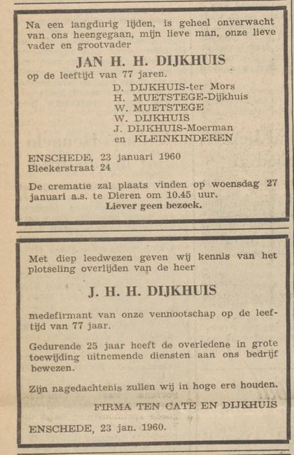 Blekerstraat 24 J.H.H. Dijkhuis overlijdensadvertentie Tubantia 25-1-1950.jpg