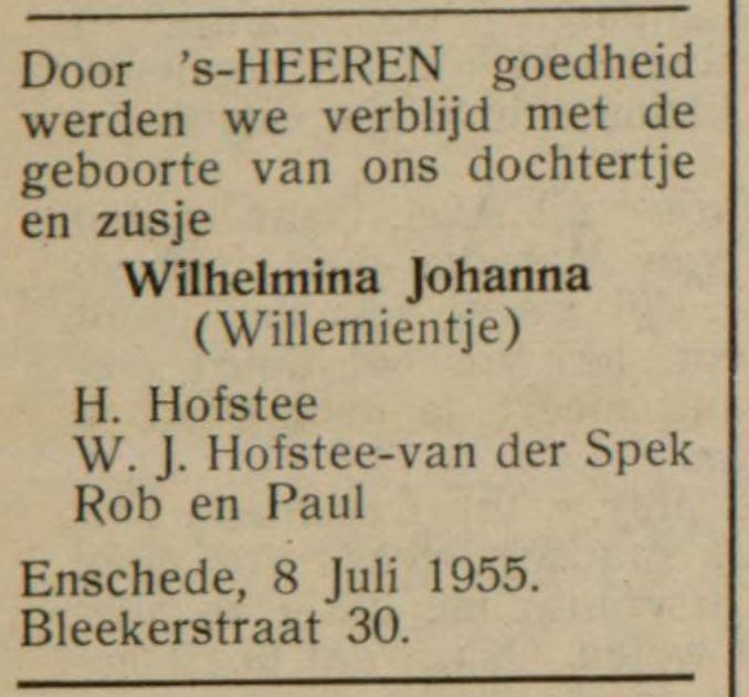 Blekerstraat 30 H. Hofstee advertentie Gereformeerd gezinsblad 9-7-1955.jpg