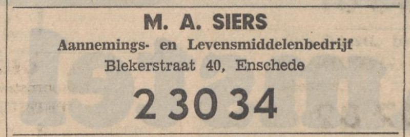 Blekerstraat 40 Aannemings- en Levensmiddelenbedrijf M.A. Siers advertentie Tubantia 2-4-1965.jpg
