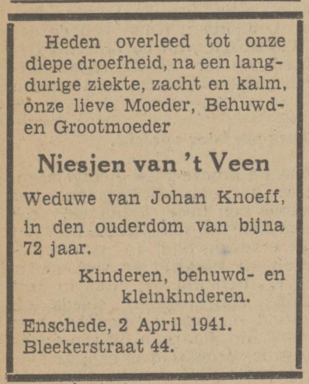 Blekerstraat 44 Wed. N. Knoeff-van 't Veen overlijdensadvertentie Tubantia 2-4-1941.jpg