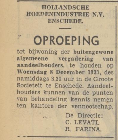 Blekerstraat 43 Hollandsche Hoedenindustrie directeur R. Farina advertentie Tubantia 19-11-1937.jpg