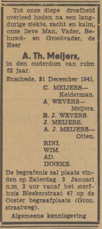 Blekerstraat 47 A.Th. Meijers overlijdensadvertentie Tubantia 2-1-1942.jpg