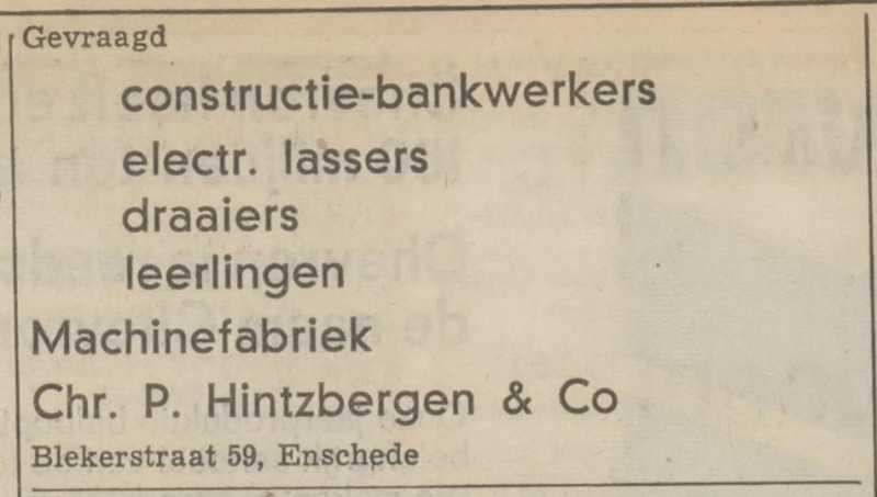 Blekerstraat 59 Chr.P. Hintbergen & Co. advertentie Tubantia 21-4-1969.jpg