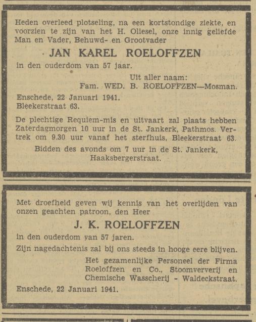 Blekerstraat 63 J.K. Roeloffzen overlijdensadvertentie Tubantia 23-1-1941.jpg