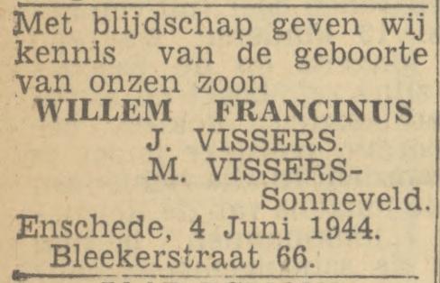 Blekerstraat 66 J. Vissers advertentie Twentsch nieuwsblad 5-6-1944.jpg