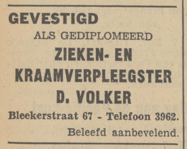 Blekerstraat 67 D. Volker zieken- en kraamverpleegster advertentie Tubantia 7-11-1936.jpg