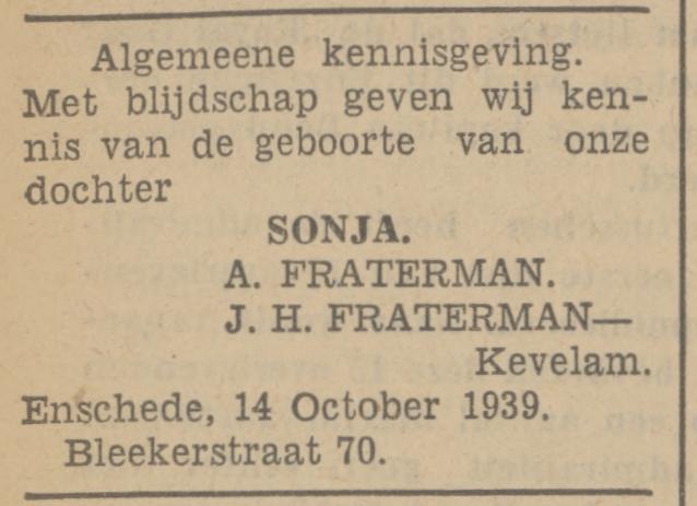 Blekerstraat 70 A. Fraterman advertentie Tubantia 14-10-1939.jpg