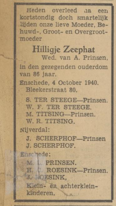 Blekerstraat 80 Wed. H. Prinsen-Zeephat overlijdensadvertentie Tubantia 5-10-1940.jpg