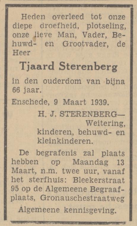 Blekerstraat 95 Tj. Sterenberg overlijdensadvertentie Tubantia 10-3-1939.jpg