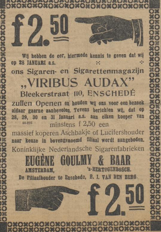 Blekerstraat 110 sigarenmagazijn B.J. van den Berg advertentie Twentsche courant 26-1-1921.jpg