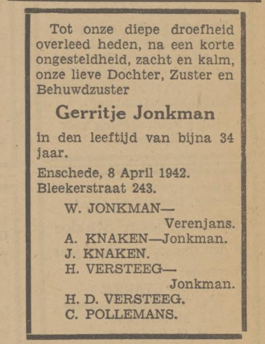 Blekerstraat 243 Gerritje Jonkman overlijdensadvertentie Tubantia 9-4-1942.jpg