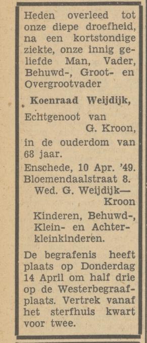 Bloemendaalstraat 8 Koenraad Weijdijk overlijdensadvertentie Tubantia 14-11-1949.jpg
