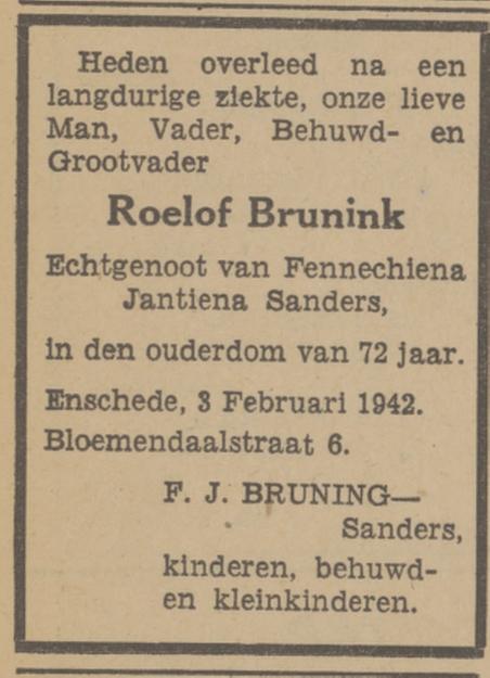 Bloemendaalstraat 6 Roelof Brunink overlijdensadvertentie Tubantia 4-2-1942.jpg