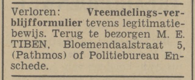 Bloemendaalstraat 5 M.E. Tiben advertentie Tubantia 9-4-1941.jpg