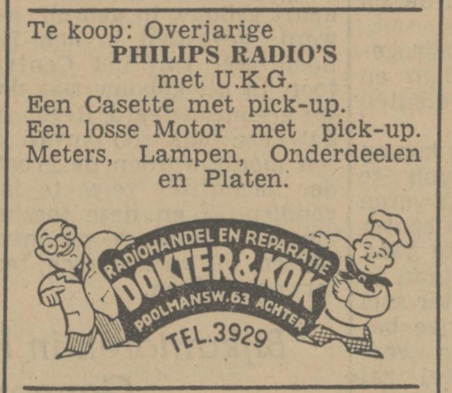 Poolmansweg 63 Radiohandel en reparatie Dokter en Kok advertentie Tubantia 27-8-1941.jpg