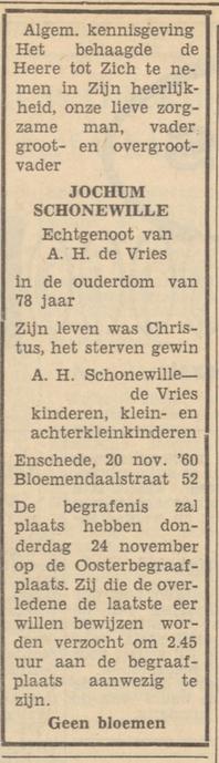 Bloemendaalstraat 52 Jochum Schonewille overlijdensadvertentie Tubantia 21-11-1960.jpg