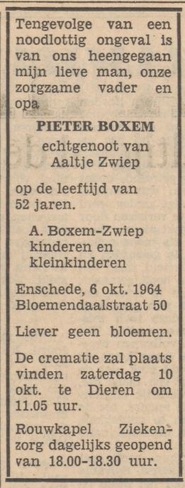 Bloemendaalstraat 50 Pieter Boxem overlijdensadvertentie Tubantia 8-10-1964.jpg