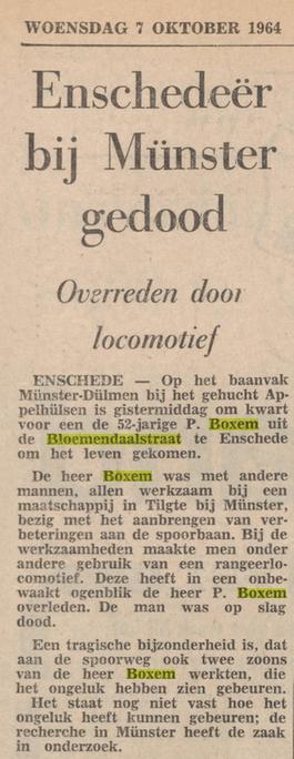 Bloemendaalstraat 50 P. Boxem krantenbericht Tubantia 7-10-1964.jpg