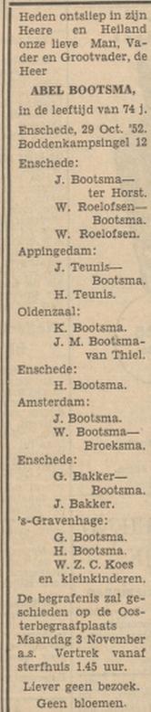 Boddenkampsingel 12 Abel Bootsma overlijdensadvertentie Tubantia 30-10-1952.jpg