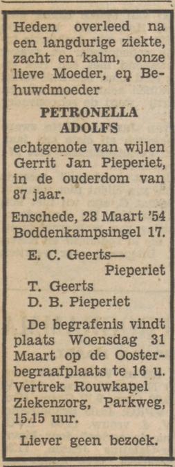 Boddenkampsingel 17 P. Pieperiiet-Adolfs overlijdensadvertentie Tubantia 30-3-1954.jpg
