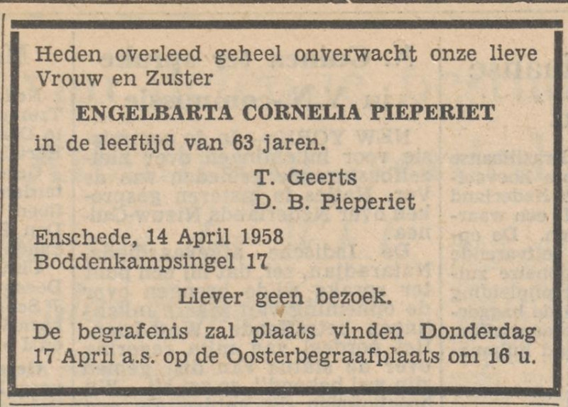 Boddenkampsingel 17 E.C. Pieperiet overlijdensadvertentie Tubantia 15-4-1958.jpg