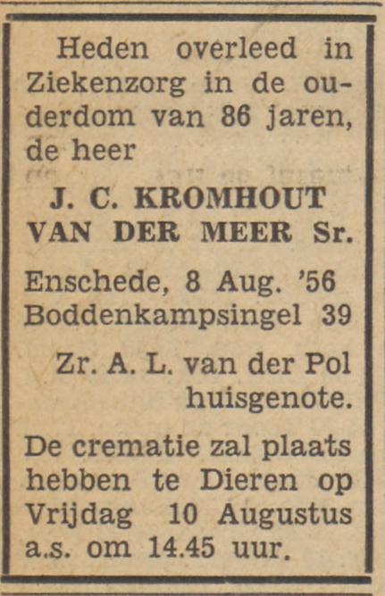 Boddenkampsingel 39 J.C. Kromhout van der Meer overlijdensadvertentie Tubantia 8-8-1956.jpg