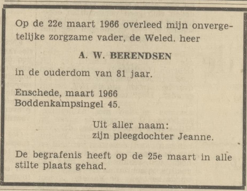 Boddenkampsingel 45 A.W. Berendsen overlijdensadvertentie Tubantia 30-3-1966.jpg