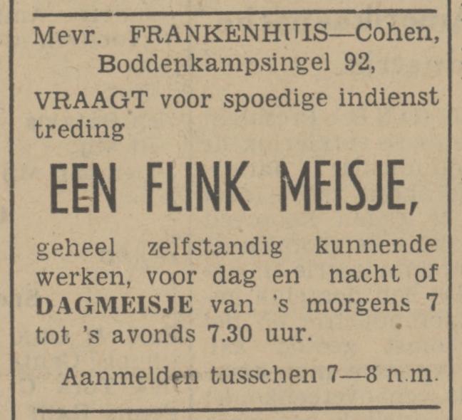 Boddenkampsingel 92 Mevr. Frankenhuis-Cohen advertentie Tubantia 22-4-1941.jpg
