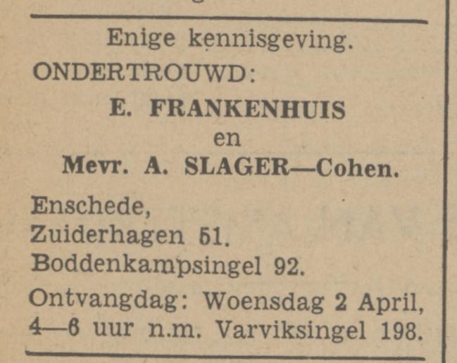 Boddenkampsingel 92 E. Frankenhuis en Mevr. A. Slager-Cohen advertentie Tubantia 28-3-1941.jpg