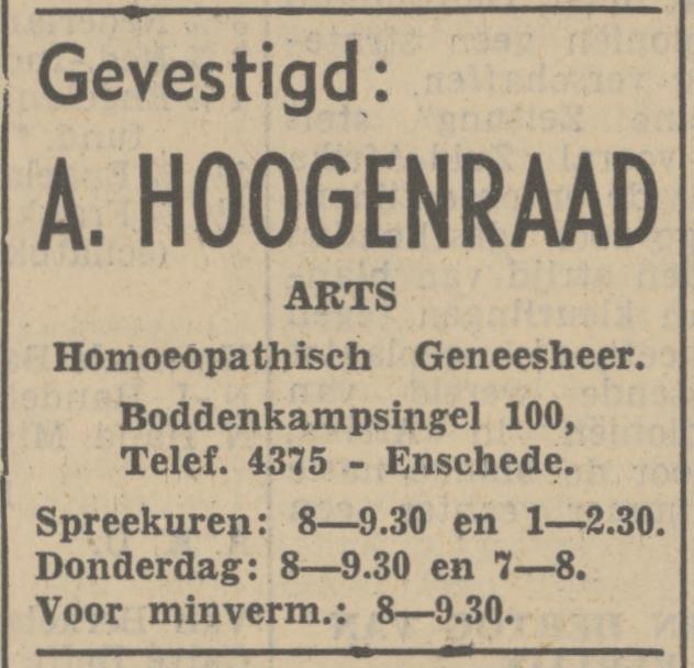 Boddenkampsingel 100 A. Hoogenraad Arts Homeopatisch Geneesheer advertentie Tubantia 7-10-1937.jpg