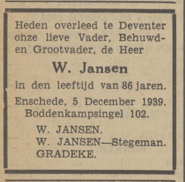 Boddenkampsingel 102 W. Jansen overlijdensadvertentie Tubantia 5-12-1939.jpg