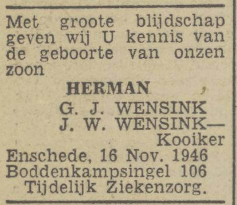 Boddenkampsingel 106 G.J. Wensink advertentie Tubantia 18-11-1946.jpg