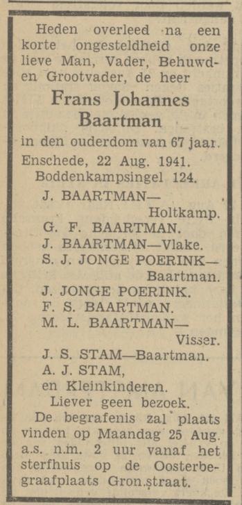 Boddenkampsingel 124 F.J. Baartman overlijdensadvertentie Tubantia 22-8-1941.jpg