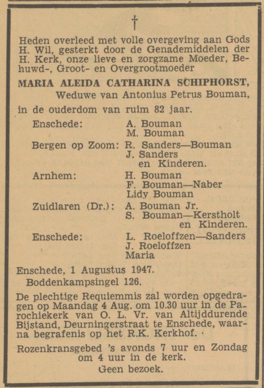Boddenkampsingel 126 M.A.C. Bouman-Schiphorst overlijdensadvertentie Tubantia 2-8-1947.jpg