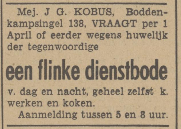 Boddenkampsingel 138 Mej. J.G. Kobus advertie Tubantia 7-2-1942.jpg