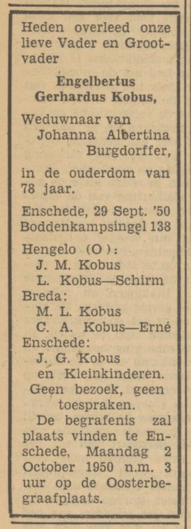 Boddenkampsingel 138 E.G. Kobus overlijdensadvertentie Tubantia 29-9-1950.jpg