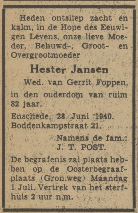 Boddenkampstraat 21 Hester Foppen-Jansen overlijdensadvertentie Tubantia 29-6-1940.jpg