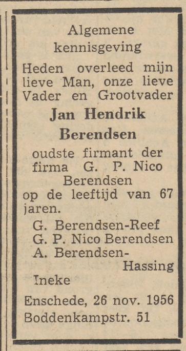 Boddenkampstraat 51 J.H. Berendsen overlijdensadvertentie Twentsche Courant 27--1956.jpg