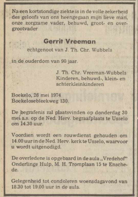 Boekelosebleekweg 130 Gerrit Vreeman overlijdensadvertentie Tubantia 27-5-1974.jpg