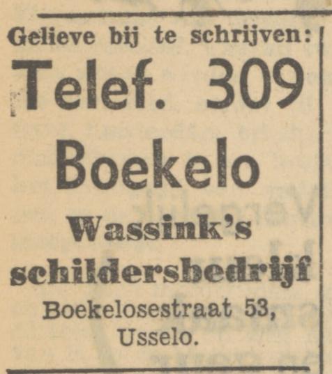 Boekelosestraat 53 Usselo Wassink´s schildersbedrijf advertentie Tubantia 25-1-1951.jpg