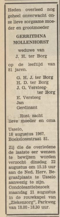Boekelosestraat 81 Wed. G. ter Borg-Mollenhorst overlijdensadvertentie Tubantia 19-8-1967.jpg
