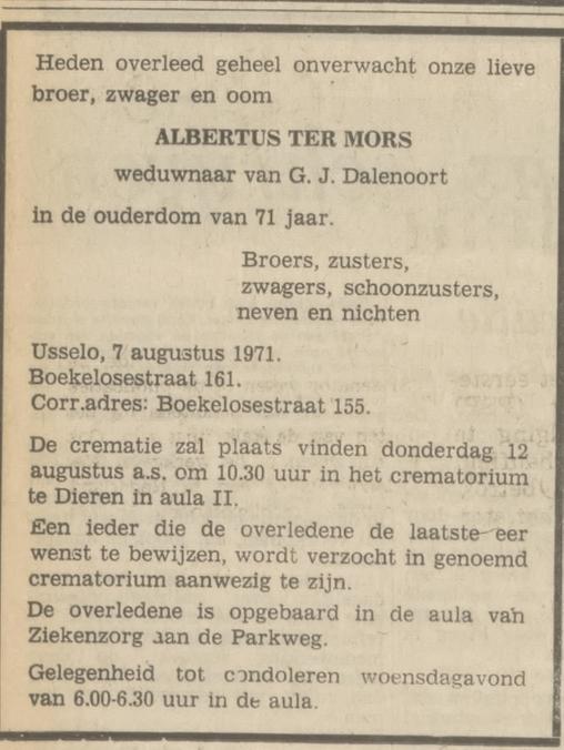 Boekelosestraat 161 Albertus ter Mors overlijdensadvertentie Tubantia 9-8-1971.jpg