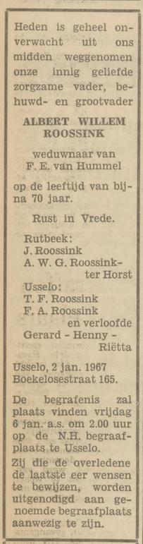 Boekelosestraat 165 A.W. Roossink overlijdensadvertentie Tubantia 3-1-1967.jpg