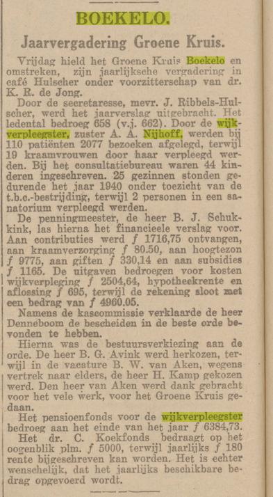 Boekelosestraat Groene Kruis wijkverpleegster A.A. Nijhoff krantenbericht 18-3-1941.jpg