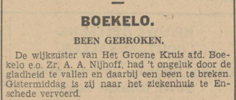 Boekelosestraat Groene Kruis wijkverpleegster A.A. Nijhof krantenbericht Tubantia 31-1-1940.jpg