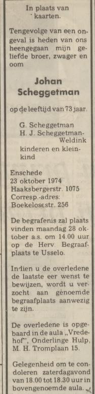 Boekelosestraat 256 Johan Scheggetman overlijdensadvertentie Tubantia 25-10-1974.jpg