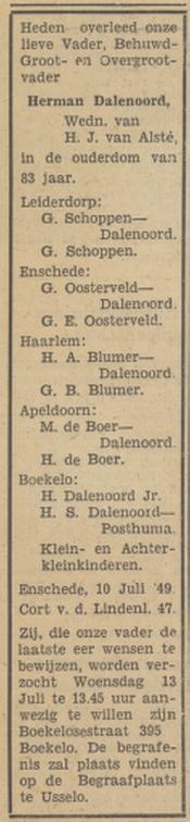 Boekelosestraat 395 Herman Dalenoord overlijdensadvertentie Tubantia 11-7-1949.jpg